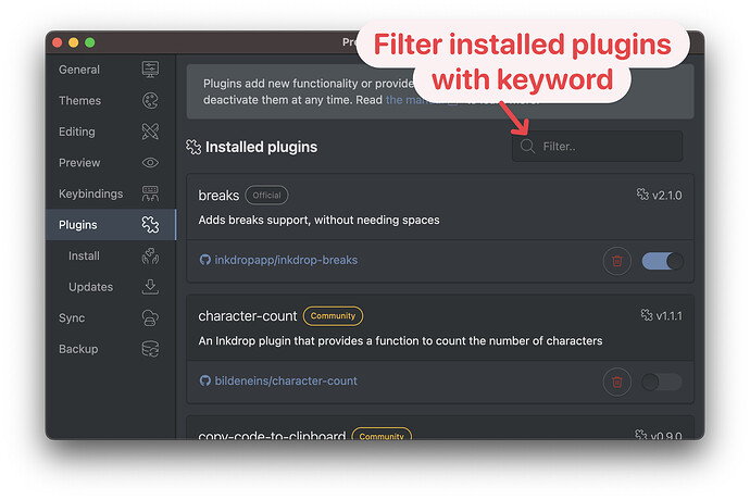 Filter installed plugins with keyword