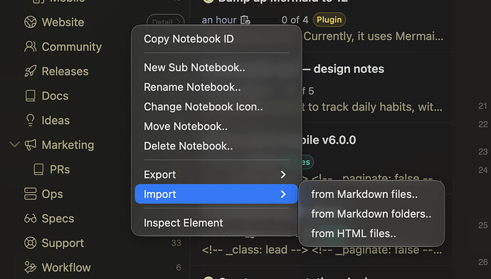 sidebar export/import menu